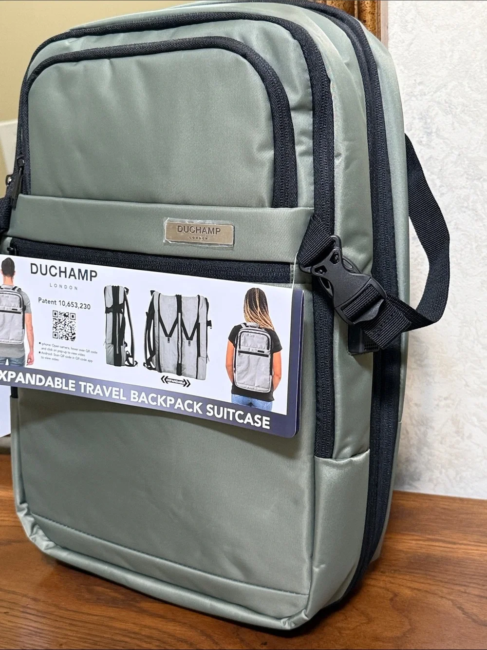 Duchamp Olive Green Expandable Travel Backpack/Suitcase w/ laptop pocket & USB.